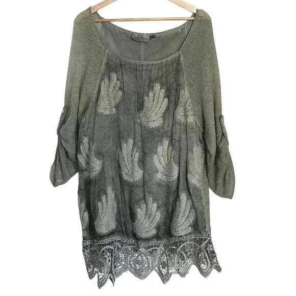 Belle France Boho Lagenlook Sage Embellished Lace Tunic Knit Chiffon Top Size L - Picture 2 of 10